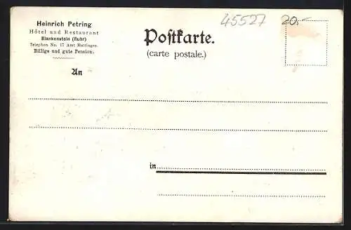 Lithographie Blankenstein a. d. Ruhr, Hotel und Restaurant von H. Petring, Ortsansicht