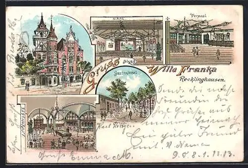 Lithographie Recklinghausen, Hotel Villa Franka mit Saal, Vorsaal und Gartenlokal
