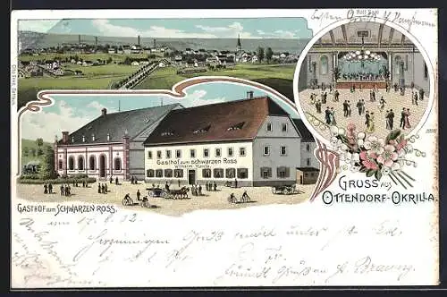 Lithographie Ottendorf-Okrilla, Gasthof zum schwarzen Ross, Bes. Wilhem Hanta, Totalansicht