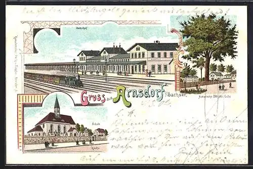 Lithographie Arnsdorf i. Sachsen, Bahnhof, Kirche und Schule, 200-jährige Eiche