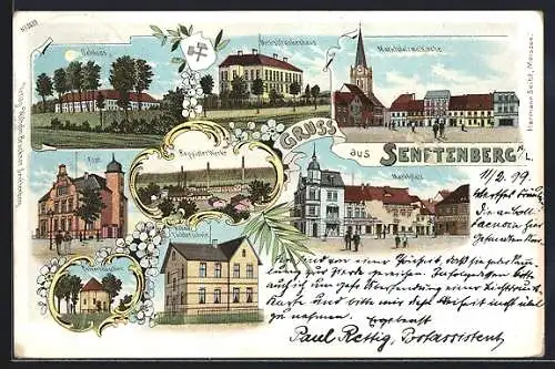 Lithographie Senftenberg /N. L., Höhere Töchterschule, Reppisterwerke, Marktplatz, Werkskrankenhaus und Post