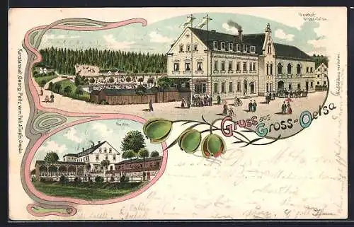 Lithographie Gross-Oelsa / Dresden, Gasthaus, Garten