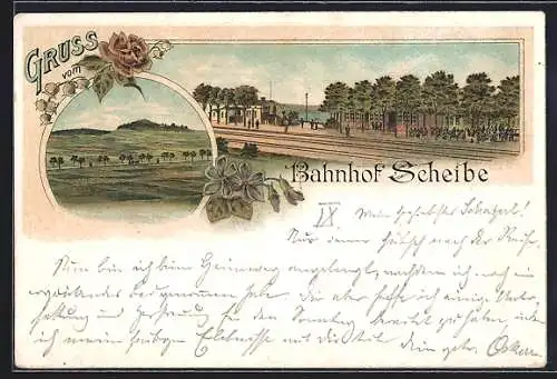 Lithographie Scheibe /Mittelherwigsdorf, Bahnhof von der Gleisseite