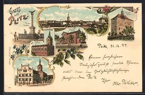 Lithographie Peitz, Bahnhof, Rathaus und Kirche, Kriegerdenkmal, Ortsansicht