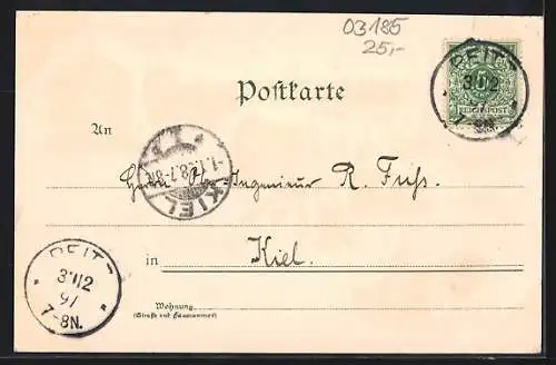 Lithographie Peitz, Bahnhof, Rathaus und Kirche, Kriegerdenkmal, Ortsansicht