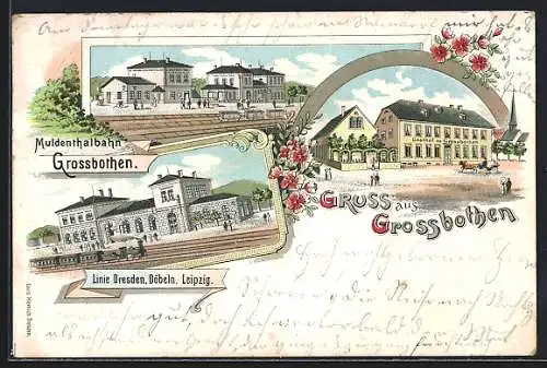 Lithographie Grossbothen, Bahnhof d. Muldentalbahn, Gasthof zu Grossbothen, Eisenbahn, Pferdekutsche
