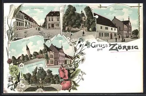 Lithographie Zörbig, Schule, Kriegerdenkmal, Schloss, Kaiserl. Postamt, Kurzestrasse