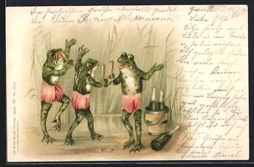 Lithographie Drei Frösche in kurzen Hosen feiern mit Sekt an einem See