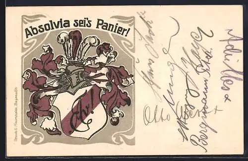 Künstler-AK Studentenwappen mit Ritterhelm, Absolvia sei`s Panier