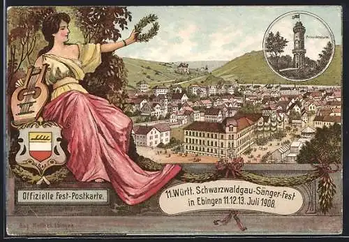 Lithographie Ebingen, Offizielle Festpostkarte zum 11. Württ. Schwarzwaldgau-Sängerfest 1908, Aussichtsturm, Ortsansicht