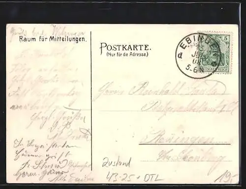 Lithographie Ebingen, Offizielle Festpostkarte zum 11. Württ. Schwarzwaldgau-Sängerfest 1908, Aussichtsturm, Ortsansicht