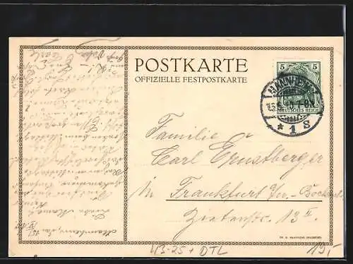 AK Mannheim, I. Süddeutscher Buchdrucker-Sängertag 1910, Festhalle, Harfe und Adler