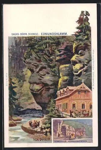 Künstler-AK Schwenke Serie 4, No. 4: Edmundsklamm, Herrenhaus Herrnskretschen, Berg mit Gesicht / Berggesichter