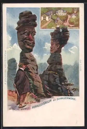 Künstler-AK Schwenke Ser. 4 Nr. 5: Herkulessäulen beim Hotel Schweizermühle, Berg mit Gesicht / Berggesichter