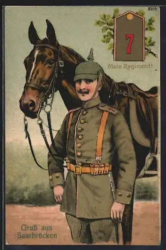 AK Saarbrücken, Soldat des 7. Regiments in Uniform mit Pferd