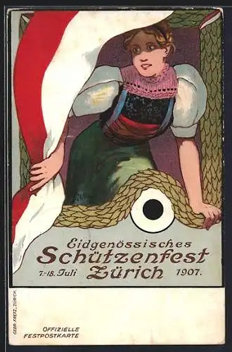 AK Zürich, Schützenfest 1907, Dame in Tracht am Fenster