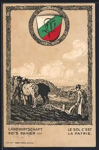 AK Landwirtschaft sei`s Panier, Bauer mit einem Pferdepflug, Studentenwappen
