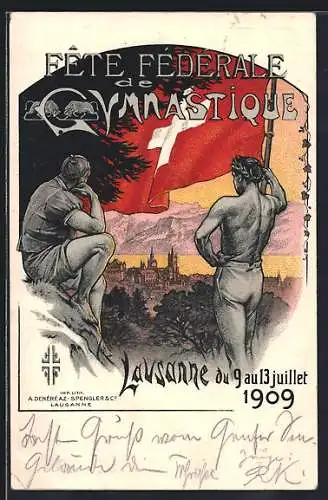 AK Lausanne, Turnfest, Fete federale de Gymnastique 1909, Turner mit schweizer Flagge