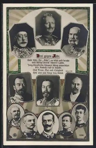 AK Drei gegen Acht, Zar Nikolaus, Kaiser Wilhelm II. Kaiser Franz Josef von Österreich, Sultan Mehmed V. der Türkei