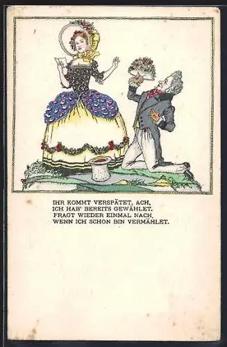 Künstler-AK sign. Robert Philippi: Gentleman liegt einer Dame zu Füssen, Vers