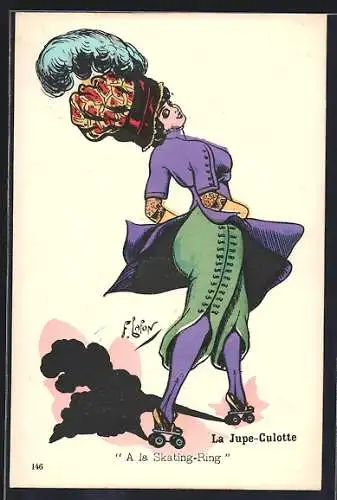 Künstler-AK sign. F. Lafon: Dame in festlichem Zwirn auf Rollschuhen