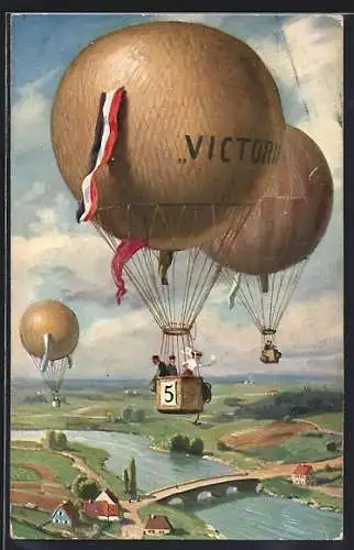 AK Frau winkt aus einem Ballon