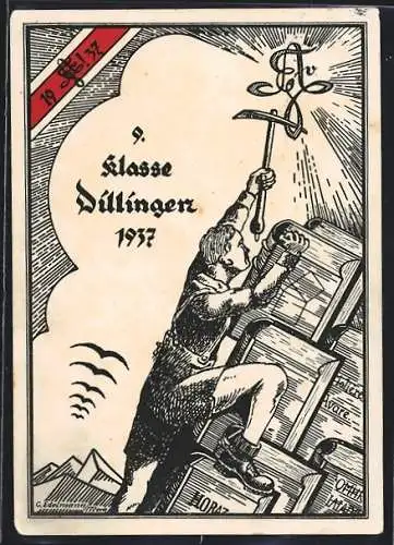 Künstler-AK Dillingen / Donau, Student mit Pickel klettert am Studentenwappen auf den Gipfel des Buchberges