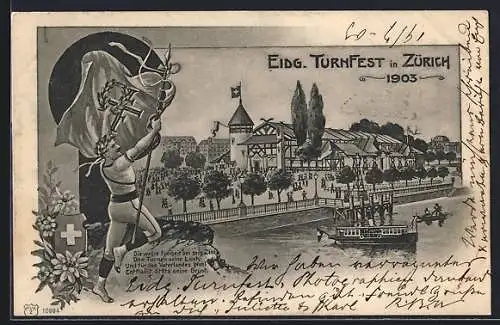 AK Zürich, Eidg. Turnfest 1903, Festhalle, Turner mit Siegeslorbeer