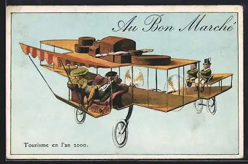 AK Au Bon Marché, Tourisme en l`an 2000, Paar verreist mit dem eigenen Flugzeug