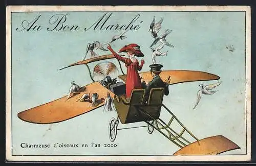 AK Au Bon Marche, Charmeuse d`Oiseaux en l`an 2000, Vogelbeschwörerin im Flugzeug