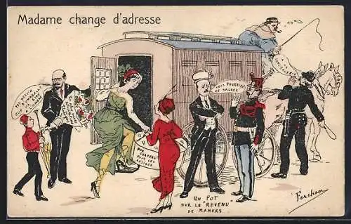 Künstler-AK sign. Fercham: Madame change d`adresse, Dame steigt in einen Gefängniswagen