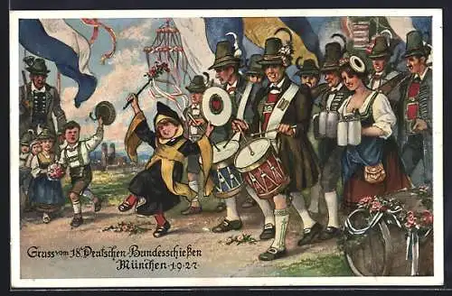 Künstler-AK München, 18. Deutsches Bundeschiessen 1927, Kindl mit Trommlern und Wirtin mit Bier