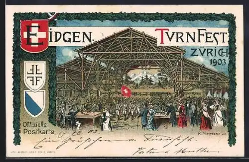 AK Zürich, Eidgen. Turnfest 1903, Festhalle, Schweizer Flagge, Wappen