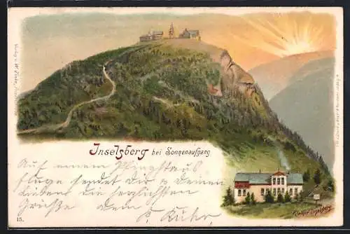 Lithographie Brotterode, Inselsberg bei Sonnenaufgang, Berggesichter