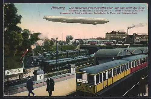 AK Hamburg, Dei modernen Verkehrsmittel über, auf und unter der Erde, Luftschiff Zeppelin, Eisenbahn Hamburg-Lübeck