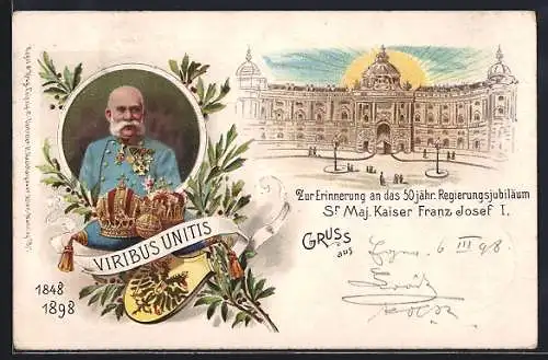 AK Kaiser Franz Josef I. von Österreich, Zur Erinnenrung an das 50. jährige Regierungs-Jubiläum 1848-1898, Schloss
