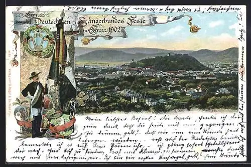 AK Graz, VI. Deutsches Sängerbundes-Fest 1902, Blick auf die Stadt, Wappen