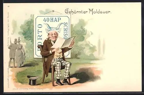 Lithographie Gehörnter Moldauer, Mann aufm Stuhl vor der Briefmarke, Briefmarke mit Hörner