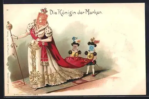 Lithographie Die Königin der Marken, Königin mit Briefmarke als Gesicht