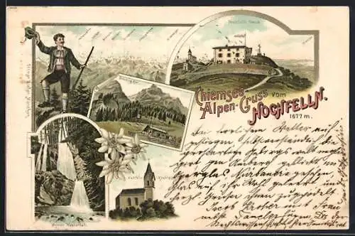 Lithographie Hochfelln-Haus, Hochfelln-Kirchlein, Brünling-Alm