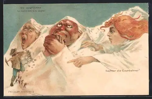 Lithographie Eiger, Mönch und Jungfrau, Arbeiter bauen Gleise für Jungfraubahn, Berggesichter