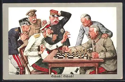 Künstler-AK Theo Zasche: Hindenburg und Kaiser Wilhelm II. spielen Schach mit den Feinden