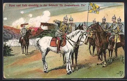 Künstler-AK Arthur Thiele: Fürst und Volk einmütig in der Schlacht für Deutschlands Ehr`, Kaiser Wilhelm II.