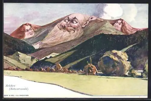 Künstler-AK Fritz Hass: Panorama mit Belchen im Schwarzwald, Berg mit Gesicht / Berggesichter