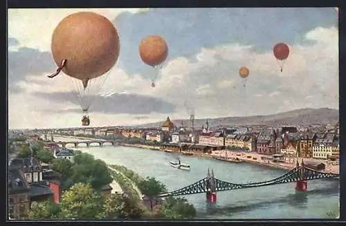 Künstler-AK Frankfurt, Internationale Luftschiffahrts-Ausstellung, Ballons fliegen über der Stadt, Dampfer