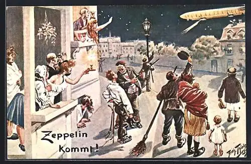 Künstler-AK A. Thiele: Zeppelin kommt!, Nachtfahrt, Leute im Nachthemd