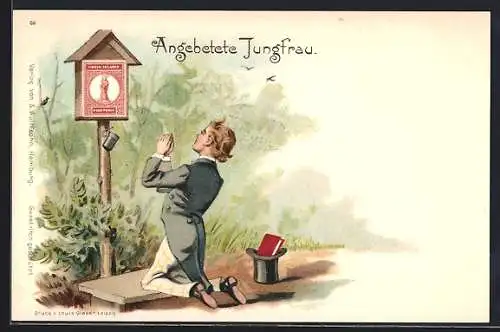 Künstler-AK Angebetete Jungfrau, Betender vor Bildstock mit Briefmarke