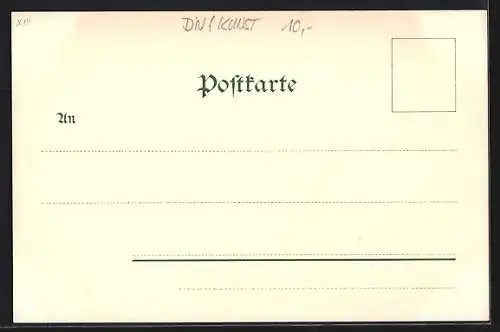 Künstler-AK Angebetete Jungfrau, Betender vor Bildstock mit Briefmarke