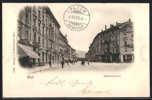 AK Biel, Bahnhofstrasse mit Parfumerie und Brasserie