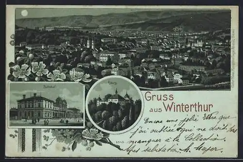 Mondschein-Lithographie Winterthur, Bahnhof, Kyburg, Ortsansicht aus der Vogelschau